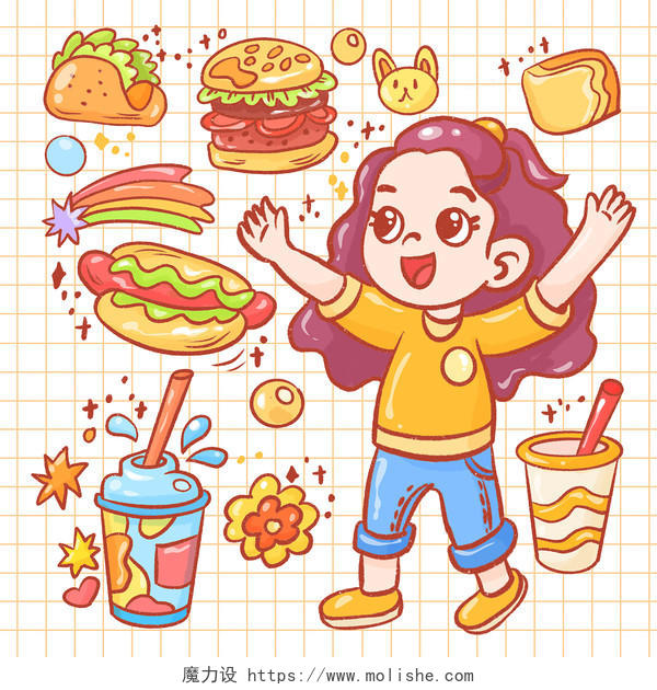 卡通夏天元素贴纸人物食物水果野餐插画